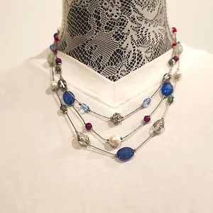 Beautiful beaded necklace - red, blue, pearl, silver, deep purple.